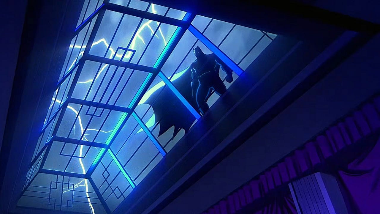 Batman through a skylight from below with lightning behind him from Creature Commandos - 
