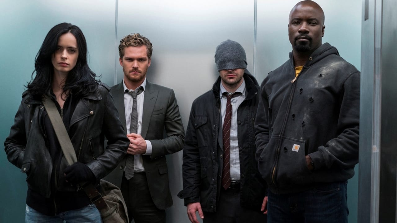 Jessica Jones Danny Rand Matt Murdock, masked, and Luke Cage in an elevator from The Defenders
