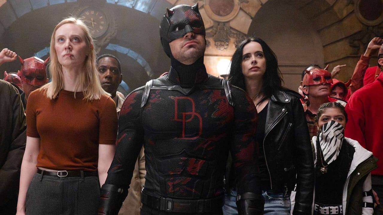 Karen Page, Daredevil, and Jessica Jones stand with a group from Daredevil Born Again