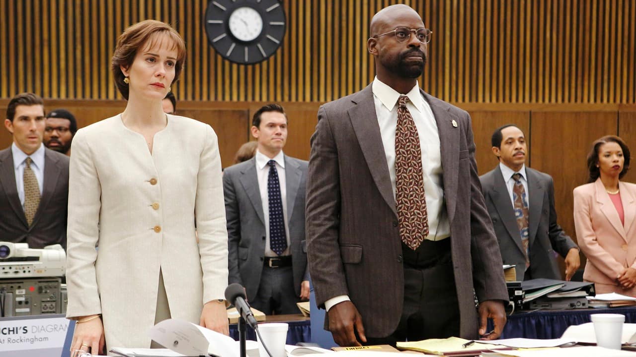 Marcia Clark and Chris Darden standing in court from The People vs OJ Simpson